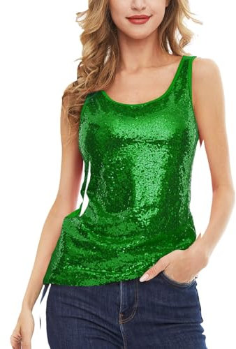 Glitzer Oberteile Damen Ärmellos Top Festliche Pailletten Oberteile Mode Einfarbig Tanktops Party Bluse Tunika Grün S