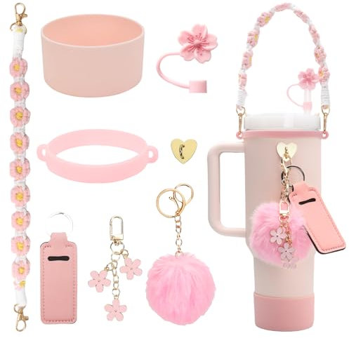 Stanley Cup Accessories Set, 8 PCS Stanley Accessories Includes Straw Cover, Bottom Protector, Water Bottle Handle Strap, Lipstick Pouch, Keychain Ornaments Beautify Your Stanley Cup (Pink)