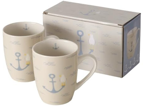 ReWu Becher Set Hallig Maritim 2er-Set Henkelbecher Trinkbecher Keramik Wellen Anker Möwe Motiv Kaffebecher Tasse Kaffetasse Geschenkverpackung 350ml
