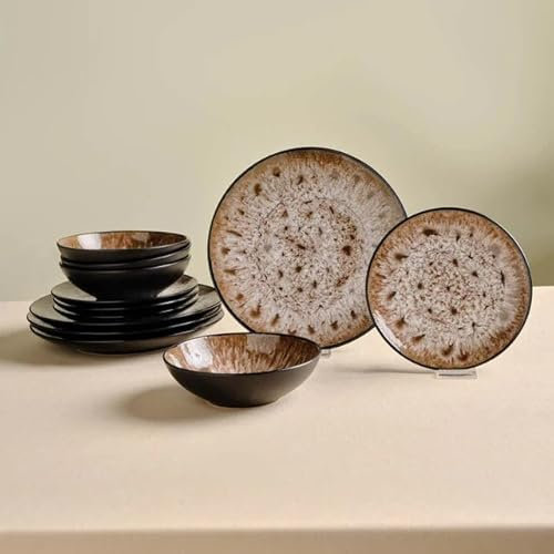 Karaca Catania 12-Piece Stoneware Plates and Bowls Set for 4 People, Dinner Set with Reactive Glaze Finish, Modern Multicoloured Dinnerware & Modern Kitchen Plates, Dishwasher Safe