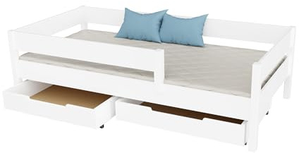 KidsComfort Kinderbett 90x200 cm Weiß | mit Matratze und Schubladen | Rausfallschutz Bett mit Stauraum | Schaumstoffmatratze inklusive | Einstieg links rechts oder mittig | Lattenrost im Set