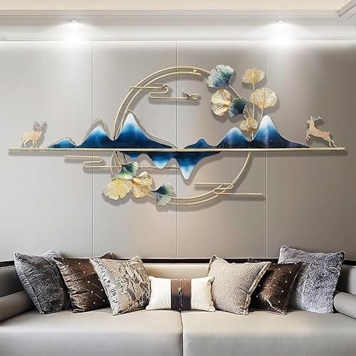 YENTAKE Wanddeko, 3D Ginkgoblatt und Hirschmuster Wanddeko Wohnzimmer Wandskulpturen Moderne Wanddekoration Metall Groß Gold Hausdeko Wandbehang für Hotel Flur Schlafzimmer Esszimmer, 130 x 59cm