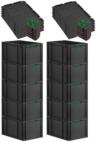 PROREGAL SparSet 10x Eurobox NextGen Color mit Auflagedeckel & Schiebeschnappverschlüsse, HxBxT 32x40x60cm, 65L, Schwarz, Griffe grün geschlossen,Eurobehälter, Transportbox, Transportbehälter
