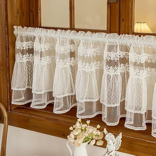 Devola Spitze Scheibengardine mit Blumenstickerei HxB 40x100cm Weiß 1 Stück | Halbtransparente Gardine Kurz Küchengardinen Romantisch Landhaus Bistrogardine für Kleine Fenster Fertiggardine