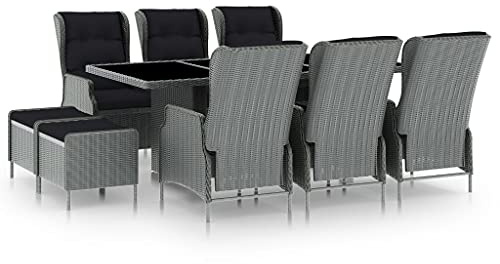 Holamys 9-TLG. Garten-Essgruppe mit dicken Auflagen, Poly Rattan Hellgrau, 6 verstellbare Relaxsessel, 2 Fußhocker, großer Esstisch aus Glas für Terrasse, Outdoor Möbel Set
