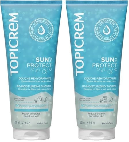 Topicrem - Sun Protect, Douche Réhydratante - Nettoie, Hydrate, Nourrit, Apaise la Peau, Élimine les Résidus de Protection Solaire - Soin Peaux Sensibles - Gel Douche Après-Soleil - 200 ml (Lot de 2)