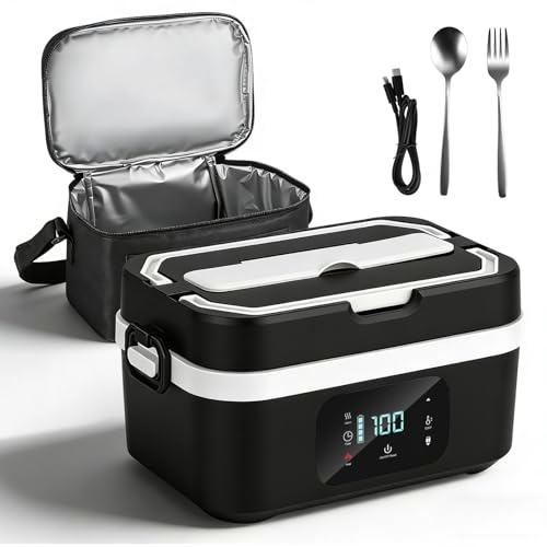 30000mAh Elektrische Lunchbox mit Akku, 100W Heatsbox Kabellose Heizbare Lunchbox 1.3L Edelstahl Timer Temperatur einstellbar inkl Isolierbeutel Besteck für Erwachsene Baustelle Büro Auto