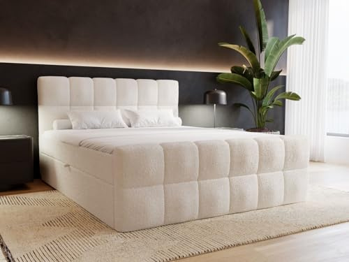 GRAINGOLD Alicante Bett, Boxspringbett mit Bettkasten, Polsterbett mit Bonell-Matratze, Bouclé-Stoff, mit Topper, mit Kopfteil (Beige, 140x200)