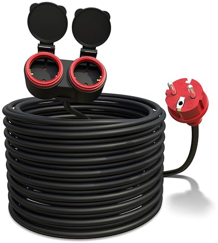 Poppstar Alargador Exterior 20 m (2 Tomas Schuko, IP44, 16A/3680W, H05RR-F 3G1.5), Negro/Rojo