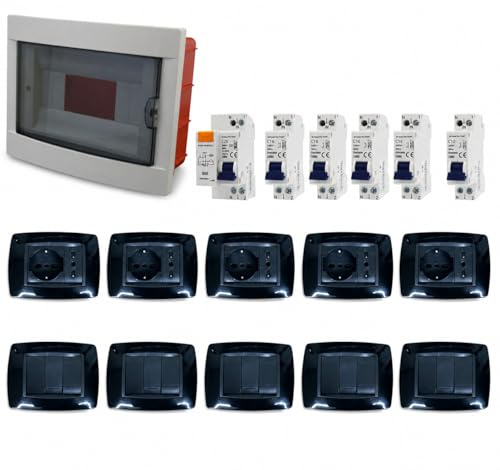 Kit Impianto Elettrico Casa Completo Compatibile Living Light Nero con Quadro Elettrico da Incasso 8 Moduli + Salvavita Differenziale C25 + 4 Magnetotermici C16 + 1 Magnetotermico C10 – 5 Schuko + 5 B