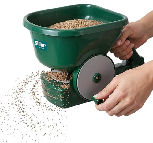 Sillar Esparcidor Manual 3 L con Soporte Extensible, Sembradora Manual y Esparcidor de Abono para Césped, Dosificación 4 Niveles, Radio 1,8-3,6 m, para Semillas, Sal, Arena, Verde