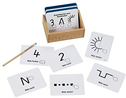 Montessori-Material Arbeitskartei zum Sandschreiben und Sandmalen | 100 Aufgabenkarten in Holzbox. Made in Germany