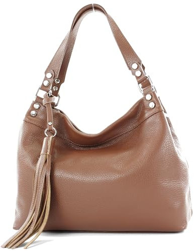 modamoda de T201 Damen Leder Schultertasche Handtasche handmade in Italy, Farbe:Cognac