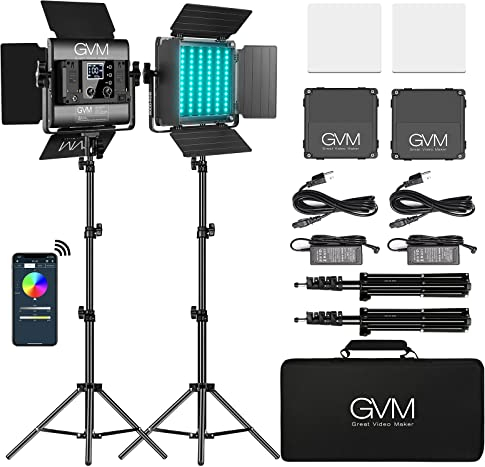 GVM LED luz de vídeo con trípode, App de Control led luz de Estudio RGB Fotografía iluminación Regulable 3200K-5600K Iluminación Continua para fotografía Studio Youtube Video lámpara de vídeo Negro