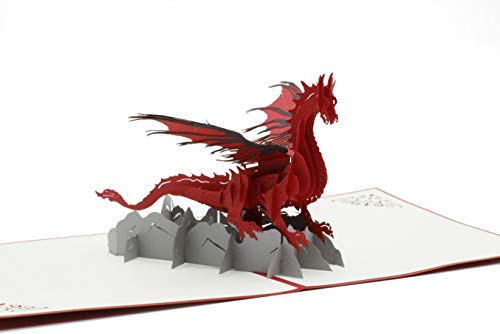 design3dkarten® Roter Drachen, Bestie, Flugdrachen, Fantasy Fabelwesen, 3d Klappkarte, Pop Up Karte, Glückwunschkarte, Grußkarte, Geschenkkarte