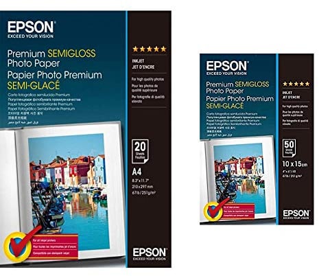 Epson C13S041332 Premium Semi Gloss Photo papier Inkjet 251g/m2 A4 20 Blatt Pack & C13S041765 Premium semi gloss Photopapier Inkjet 251g/m2 100 x 150 mm 50 Blatt Pack