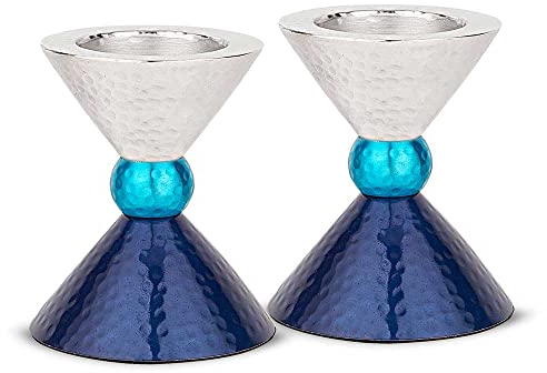 Zion Judaica Lot de Bougies Chauffe-Plat Modernes ou Chandeliers fuselés épais en métal anodisé Bleu et argenté pour Pâque, Bat Mitzvah, Saint-Valentin