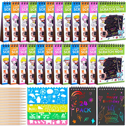 POKONBOY 24 Pack Rainbow Scratch Paper Arts Notebooks, Scratch Note Pads for Kids Rainbow Party Favors Coloring Books for Girls Boys Art Party Supplies
