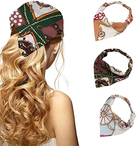 Zoestar Boho Stirnbänder Blau Dreieck Kopftücher Blume Chiffon Kopf Tuch Haar Bandanas Breit Turban Elastisch Haarband für Frauen und Mädchen (3 Stück)