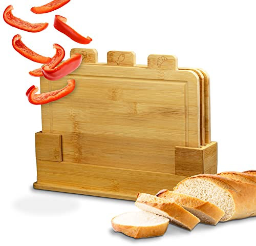 Cubesu Schneidebrett 3er Set aus Bambus (30x20x1,2cm) Holz Schneidebretter mit Saftrille für Gemüse, Fleisch, Brot & Co. - Cutting Board inkl. Ständer