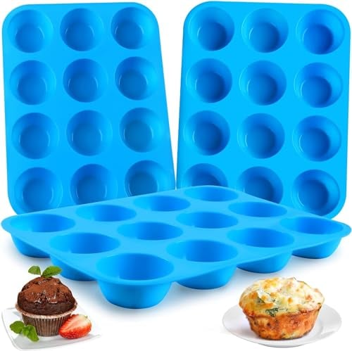 ProBytes Silicone 12 Cups Muffin Tray/Mould - Non-Stick, BPA-Free, Baking Tray/Tin, Dishwasher & Oven Safe, Dessert, Fairy Cakes, Cup Cakes, Brownies, Yorkshire Pudding, Freezing - Blue