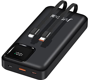 Portable Charger 22.5W 20000mAh Power Bank PD3.0 QC4.0 Fast Charge USB C in & out External Battery Pack, With Built in Cables Portable Phone Charger Compatible with iPhone Samsung Tablet (Black)
