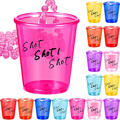 Hillban 24 Pcs Shot Glass on Necklace Colorful Shot Glass Hot Pink Bachelorette Wedding Shot Cups Necklace Bride and Groom Supplies for Wedding Party