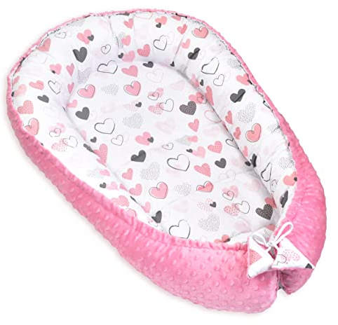 PIMKO Babynest Minky Babynestchen für Baby Kuschelnest Babykokon für Säuglinge und Neugeborene Nestchen Rosa Minky Herzen