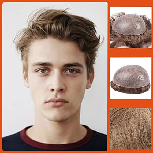 Zakya Echthaar Toupet für Männer,100% Echthaar,Leichte Mittlere Dichte,Perücke für Männer Haarersatzsystem,Basisgröße 20 x 25 CM (Dunkelblond Braun 18#)
