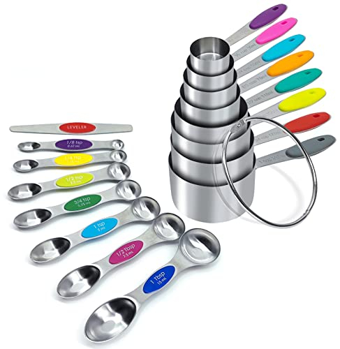 RMERVE 16PCS Magnetic Measuring Spoons and Measuring Cups Set, 7 Double-Sided Spoons& 1 Leveler and 8 Measuring Cups, Multicolor, Stainless Steel, Fits Spice Jars, Large Capacity Measurement