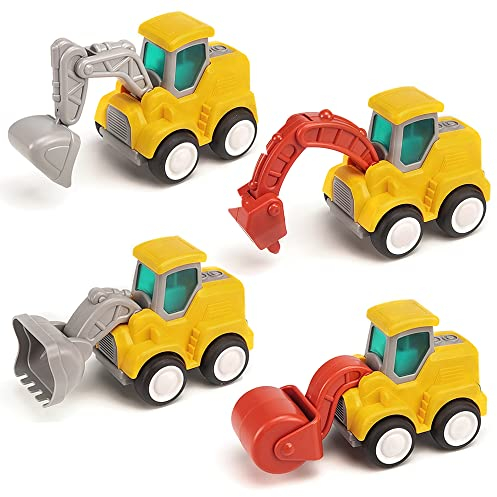 ECCHY Kids Digger Toy Cars, Pull Back Cars for Toddlers, 4Pcs Press and Go Excavator Bulldozer Drill Truck and Road Roller, Construction Vehicles Play Trucks for Age 2 3 4 5 Years Old