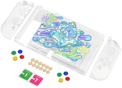 playvital Transparente Schutzhülle für Nintendo Switch, weiche TPU Slim Hülle Case Zubehör mit bunten ABXY Richtungstasten Kappen-Haie unter dem Meer
