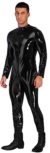 iEFiEL Männer Sexy Wetlook Catsuit Gothic Ganzanzug Herren Bodysuit Kostüm Xc Schwarz Langarm 5XL