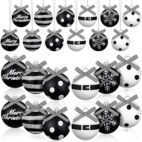 Chitidr 24 Stück 5,9 cm große Weihnachtskugeln in Schwarz und Weiß, gepunktet, bruchsicher, Weihnachtsbaumkugeln zum Aufhängen, für Feiertage, Weihnachtsfeier, Baumschmuck (Schneeflocke)