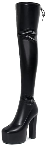 Stivali Alti Coscia Donna sopra Il Ginocchio,Stivali Alti alla Moda Plateau Elasticizzato e Tacco Grosso e Punta Quadrata,Stivali Sexy Tacco Alto Discoteca Cerniera Nera Feste,Nero,38 EU