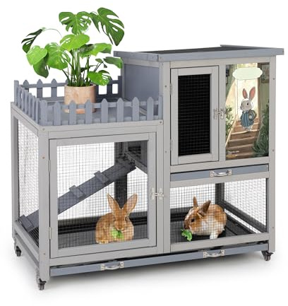 Wood Rabbit Hutch with Balcony Small Animal House Bunny Cage on Wheels