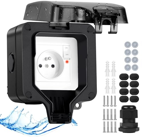 Upgrade - Presa esterna impermeabile IP66 con interruttore, spia di controllo, presa esterna, resistente alle intemperie, per esterni, con chiusura a chiave, 1 presa