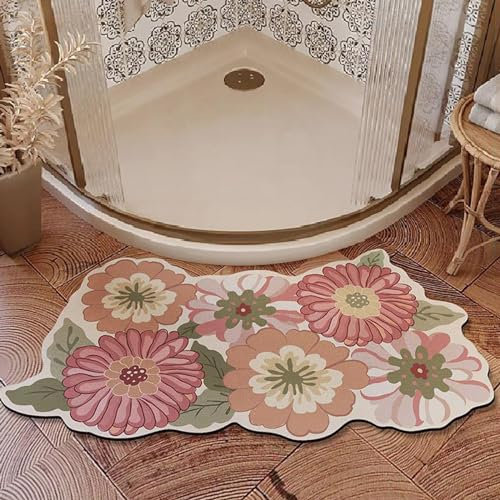 PRELGOSP Tapis de Douche Angle, Super Absorbant Diatomite Tapis De Bain Arrondi en Forme de Secteur, Tapis Salle de Bain Forme D'éVentail Antiderapant pour Sortie de Cabine Douche,D,40x75cm