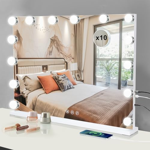 LIANWANG Hollywood Schminkspiegel mit Beleuchtung, Tischspiegel mit 14 LED Licht Dimmbar, 3 Farbtemperatur, Wandspiegel mit Touchscreen, Touch Control für Tochter, 50x42cm