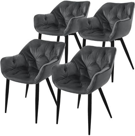 ML-Design Esszimmerstühle 4er Set Anthrazit, Küchenstuhl mit dickem Samtstoff gepolsterter Sitz, Metallbeinen, Wohnzimmerstuhl mit Rücken- und Armlehnen, Gesteppter Polsterstuhl, Ergonomischer Sessel