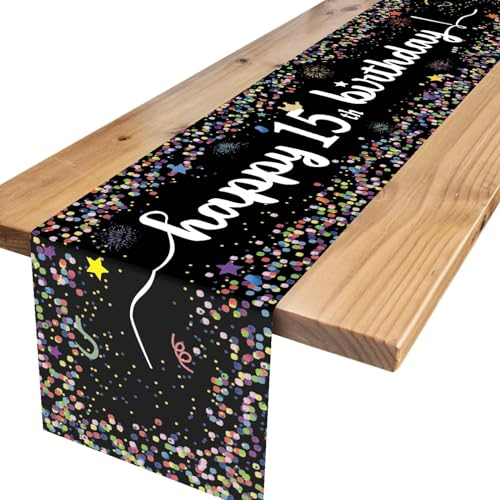 15.Tischläufer Geburtstag,Schwarz Deko 15 Geburtstag Junge Happy Birthday Tischdecke Tisch Deko für Kinder Mädchen Jungen 15 Geburtstag Party Dekoration 180 x 35cm