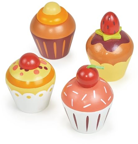 Mentari Toys - Juego de cupcakes para la hora del té, juego de 4 piezas de madera para cupcakes, accesorios de cocina y mercado, fomenta el juego de rol y desarrolla habilidades sociales, regalo para