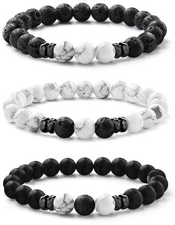 Milacolato 3-5 Armbänder für Männer - Tigerauge und Schwarze Perlen Armband - Elastisches Lavastein Armband - Vatertag Schmuck Geschenke