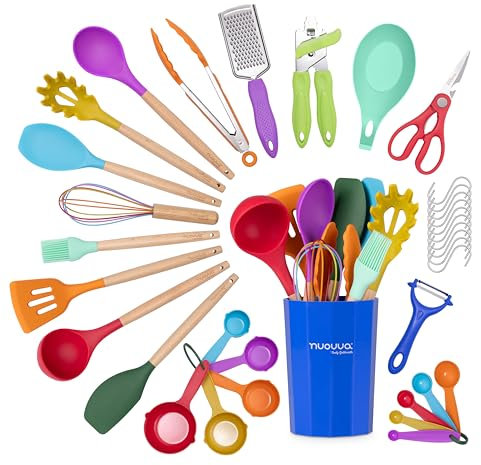 Ustensiles de cuisine antiadhésifs - Ustensiles en silicone résistants à la chaleur avec manche en bois - Set de louches, cuillères et spatules - Outils et accessoires de cuisine - 35pcs, Colorés