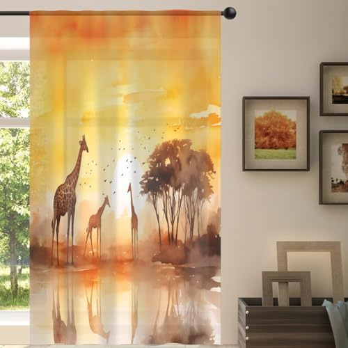 TropicalLife Voile-Vorhang, Afrika-Wald-Giraffe, durchsichtig, für Wohnzimmer, Schlafzimmer, Küche, Zuhause, Türdekoration, Vorhänge, 140 x 213 cm, Aquarell