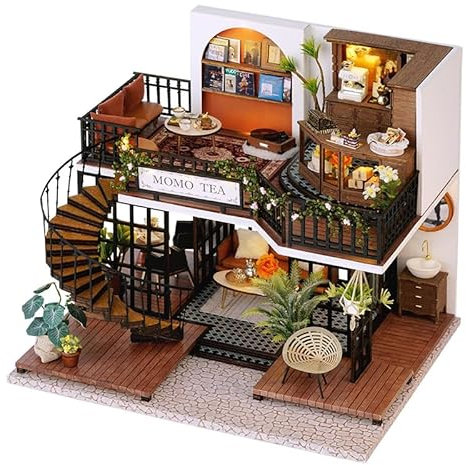 CRIOLPO Puppenhaus Tinyatur Haus Mit MöBeln, Tinyatur-HausbausäTze FüR Erwachsene, DIY Puppenhaus Bausatz, Handgefertigtes Puppenhausspielzeug Aus Holz, FüR Bastelbegeisterte - Jungle Momo Tea