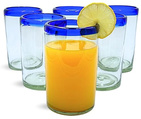 AGAVE'S GLASSWARE Drinking Glasses Set of 6 (17 oz) | Cobalt Blue Rim Tumbler Glasses | Water Glasses | Mexican Glassware | Cocktail Glasses | Juice Glasses (Cobalt Blue Drinking Glasses17 oz)