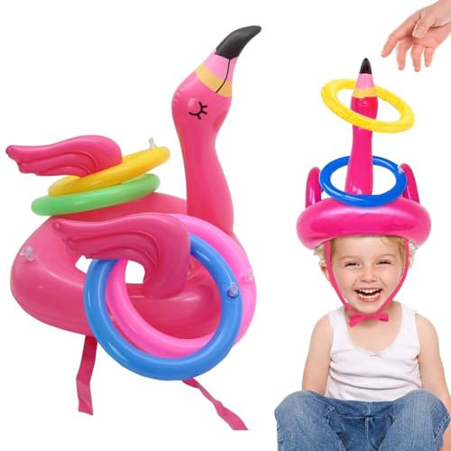 WeddHuis 5 Piezas Juego de Lanzamiento de Aros Inflable con Sombrero de Flamenco para Fiestas de Verano, Hawaii, Bodas, Piscina, Exterior e Interior