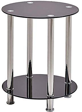 Moderna mesa auxiliar redonda de cristal negro con patas cromadas, 2 niveles, mesa auxiliar de café con almacenamiento para sofá, dormitorio, balcón
