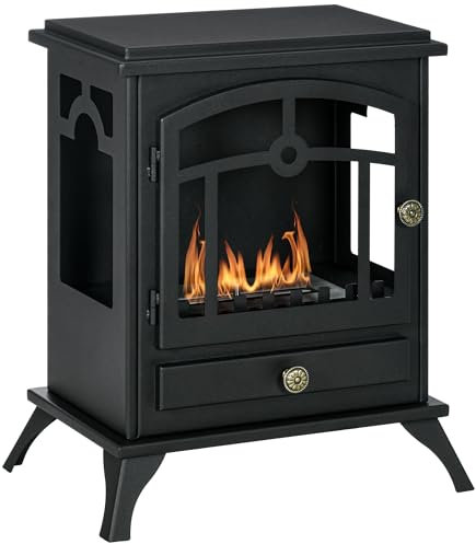 HOMCOM Chimenea de Bioetanol de Pie Estufa de Bioetanol con Tanque de 1,2 L Apagallamas de Acero Inoxidable Tiempo de Combustión 3H para Interiores 20-25 m² 45x28x54 cm Negro